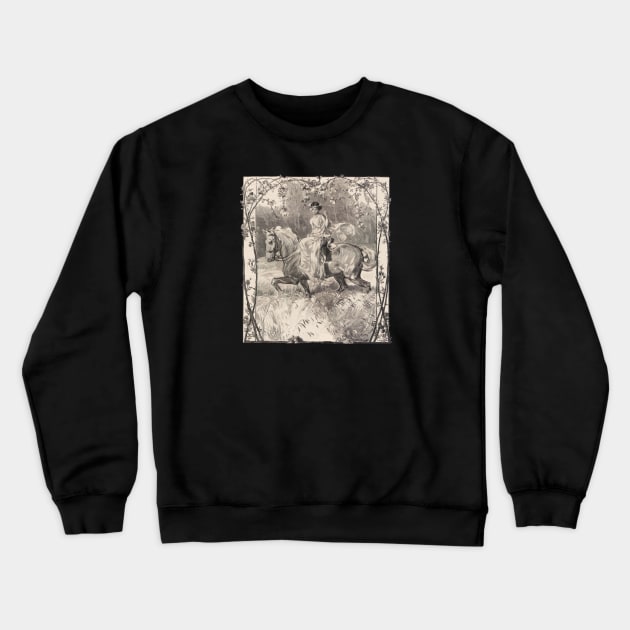 Horse Riding in The Rose Garden Vintage Illustration Crewneck Sweatshirt by Biophilia